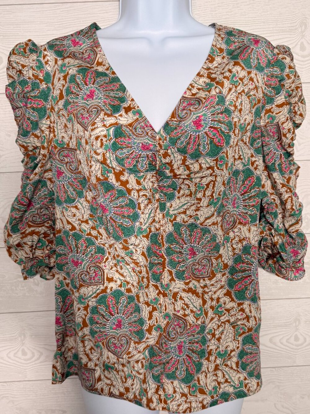 Veronica Beard Silk Paisley Puff Sleeve V-Neck Blouse Size 4